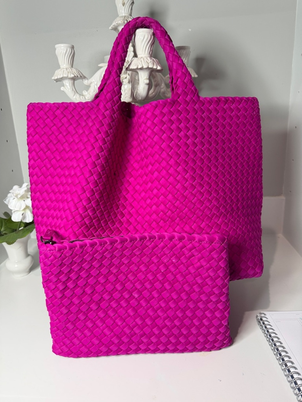 Woven Tote Bag and Pouch Set - Fuchsia Pink
